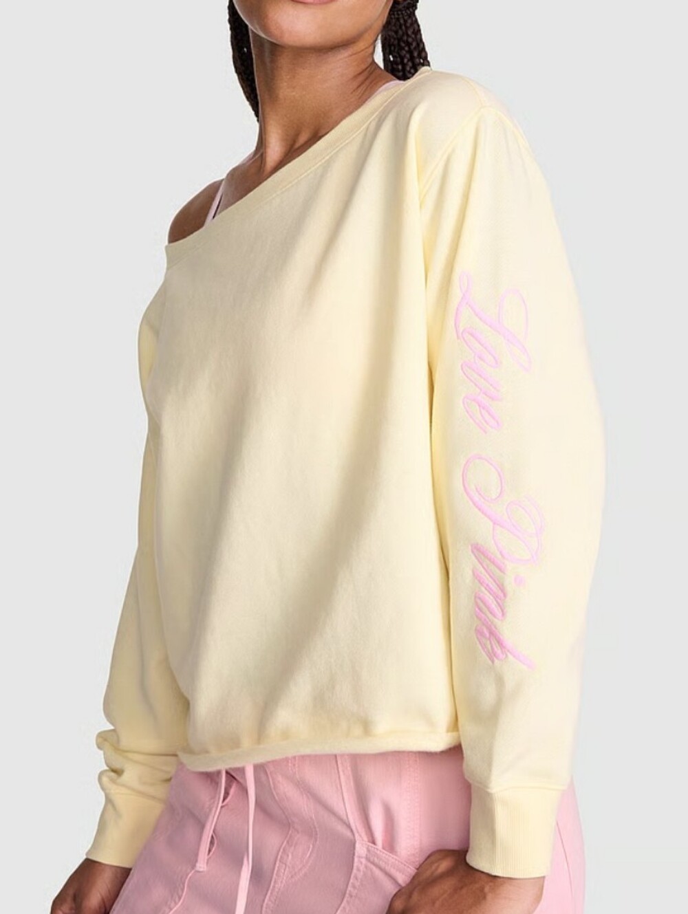 VS PINK Campus Fleece Rib Off-The-Shoulder Sweatshirt Sz Lg
